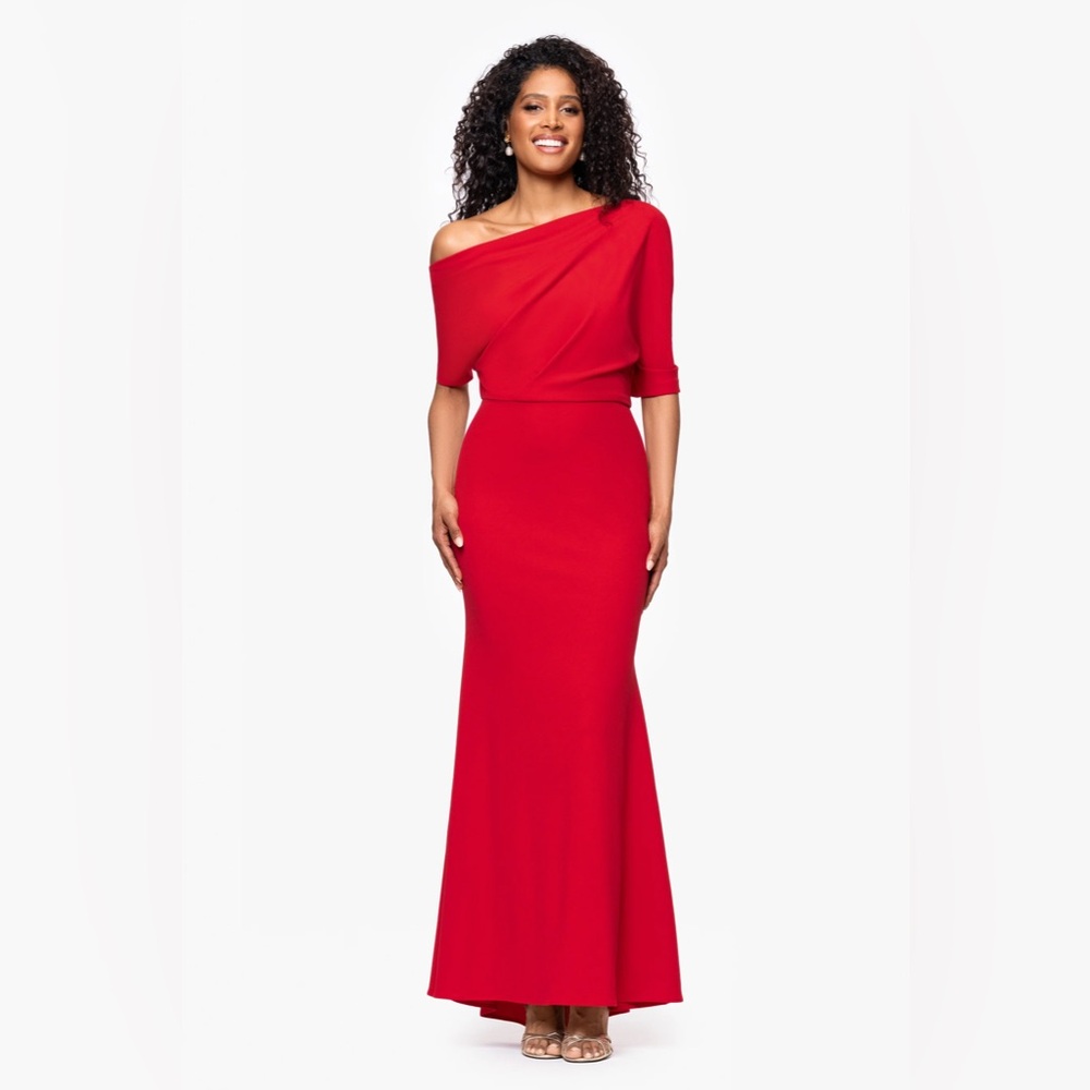 Betsy and Adam Red asymmetrical gown.  Size 10